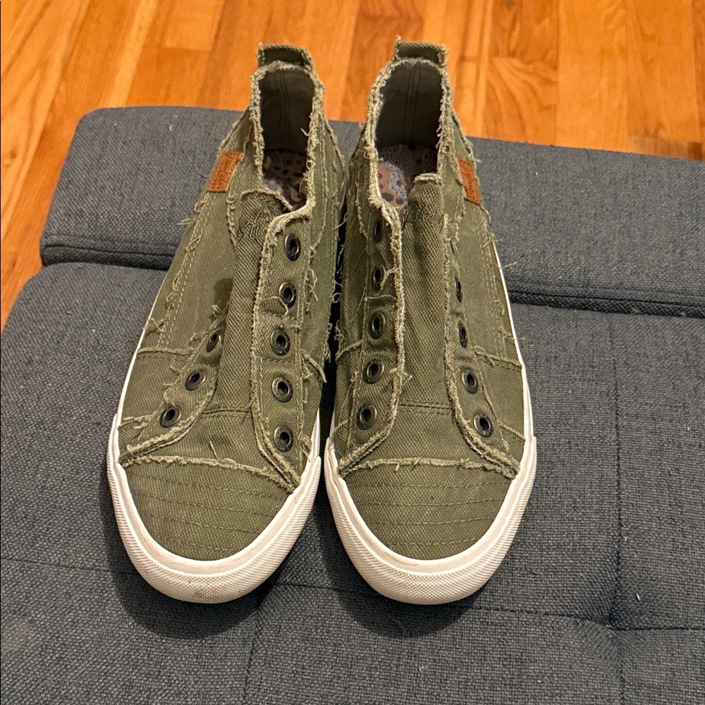 Frayed Olive Slip-On Canvas Sneakers for Women